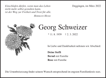 Traueranzeige von Georg Schweizer von Geislinger Zeitung