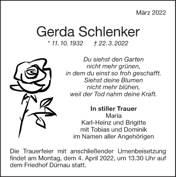 Traueranzeige von Gerda Schlenker von NWZ Neue Württembergische Zeitung