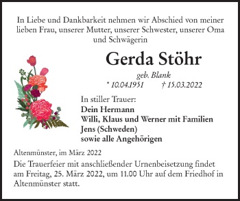 Traueranzeige von Gerda Stöhr von Hohenloher Tagblatt