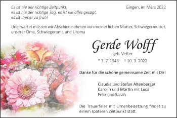 Traueranzeige von Gerde Wolff von Geislinger Zeitung