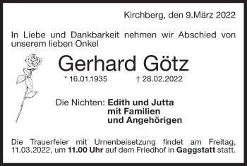 Traueranzeige von Gerhard Götz von Hohenloher Tagblatt