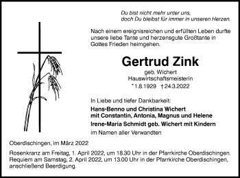 Traueranzeige von Gertrud Zink von Ehinger Tagblatt