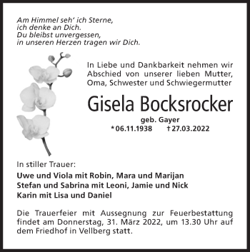 Traueranzeige von Gisela Bocksrocker von Haller Tagblatt