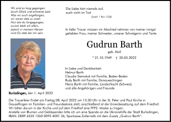 Traueranzeige von Gudrun Barth von Metzinger-Uracher Volksblatt