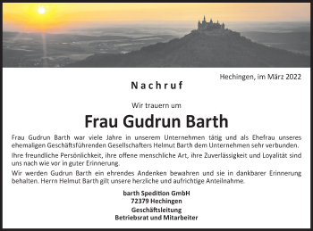 Traueranzeige von Gudrun Barth von Metzinger-Uracher Volksblatt