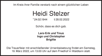 Traueranzeige von Heidi Stelzer von Hohenloher Tagblatt