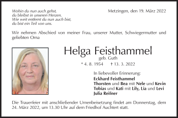 Traueranzeige von Helga Feisthammel von Metzinger-Uracher Volksblatt