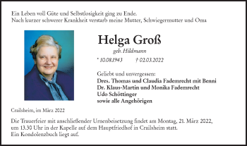 Traueranzeige von Helga Groß von Hohenloher Tagblatt