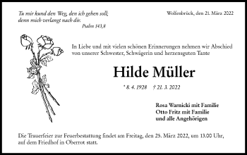 Traueranzeige von Hilde Müller von Rundschau Gaildorf