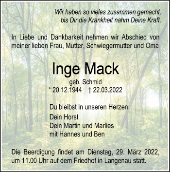 Traueranzeige von Inge Mack von SÜDWEST PRESSE Ausgabe Ulm/Neu-Ulm