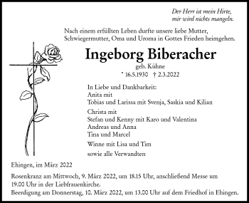 Traueranzeige von Ingeborg Biberacher von Ehinger Tagblatt