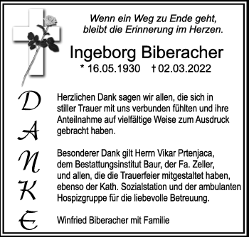 Traueranzeige von Ingeborg Biberacher von Ehinger Tagblatt