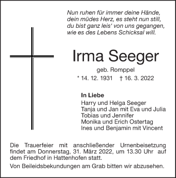 Traueranzeige von Irma Seeger von NWZ Neue Württembergische Zeitung