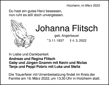 Traueranzeige von Johanna Flitsch von NWZ Neue Württembergische Zeitung