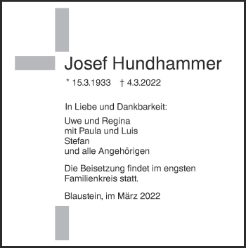 Traueranzeige von Josef Hundhammer von SÜDWEST PRESSE Ausgabe Ulm/Neu-Ulm