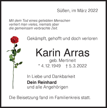 Traueranzeige von Karin Arras von NWZ Neue Württembergische Zeitung