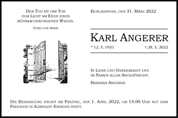 Traueranzeige von Karl Angerer von Metzinger-Uracher Volksblatt