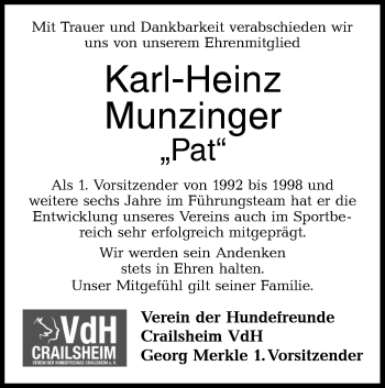 Traueranzeige von Karl-Heinz Munzinger von Hohenloher Tagblatt