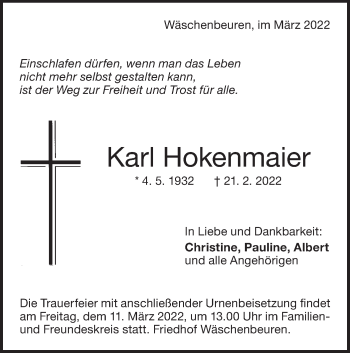 Traueranzeige von Karl Hokenmaier von NWZ Neue Württembergische Zeitung