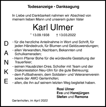 Traueranzeige von Karl Ulmer von SÜDWEST PRESSE Ausgabe Ulm/Neu-Ulm