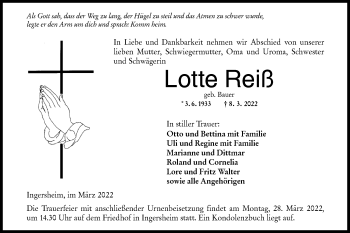 Traueranzeige von Lotte Reiß von Hohenloher Tagblatt