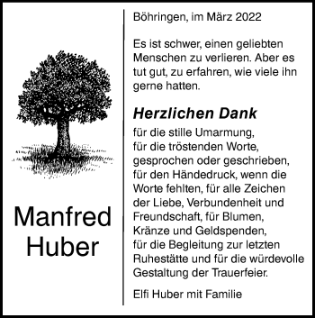 Traueranzeige von Manfred Huber von Alb-Bote/Metzinger-Uracher Volksblatt