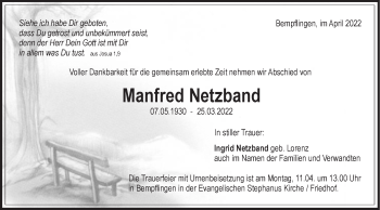 Traueranzeige von Manfred Netzband von Metzinger-Uracher Volksblatt