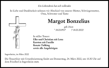 Traueranzeige von Margot Bonzelius von Hohenloher Tagblatt