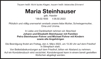 Traueranzeige von Maria Steinhauser von Hohenloher Tagblatt