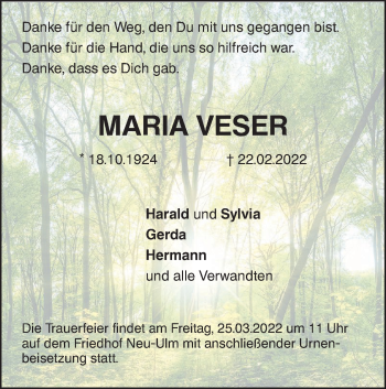 Traueranzeige von Maria Veser von SÜDWEST PRESSE Ausgabe Ulm/Neu-Ulm