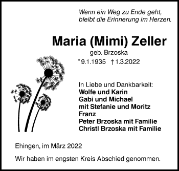 Traueranzeige von Maria Zeller von Ehinger Tagblatt