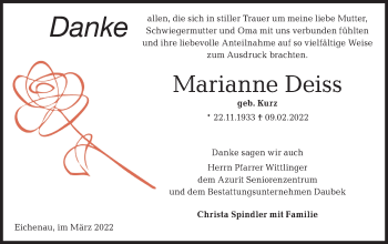 Traueranzeige von Marianne Deiss von Hohenloher Tagblatt