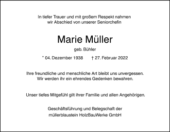 Traueranzeige von Marie Müller von SÜDWEST PRESSE Ausgabe Ulm/Neu-Ulm