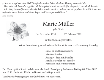 Traueranzeige von Marie Müller von SÜDWEST PRESSE Ausgabe Ulm/Neu-Ulm