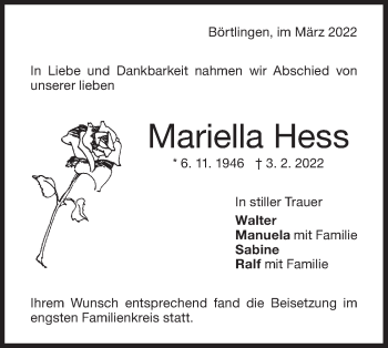 Traueranzeige von Mariella Hess von NWZ Neue Württembergische Zeitung