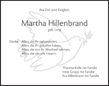 Traueranzeige von Martha Hillenbrand von NWZ Neue Württembergische Zeitung