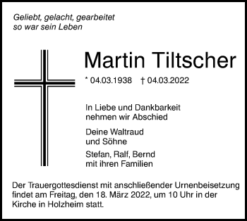 Traueranzeige von Martin Tiltscher von SÜDWEST PRESSE Ausgabe Ulm/Neu-Ulm