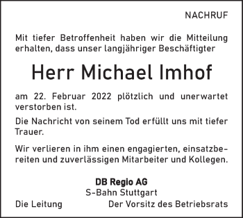 Traueranzeige von Michael Imhof von Geislinger Zeitung