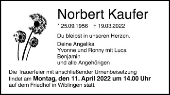 Traueranzeige von Norbert Kaufer von SÜDWEST PRESSE Ausgabe Ulm/Neu-Ulm