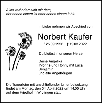 Traueranzeige von Norbert Kaufer von SÜDWEST PRESSE Ausgabe Ulm/Neu-Ulm