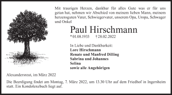 Traueranzeige von Paul Hirschmann von Hohenloher Tagblatt