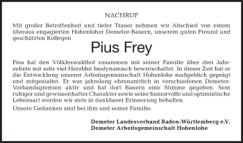 Traueranzeige von Pius Frey von Rundschau Gaildorf/Hohenloher Tagblatt