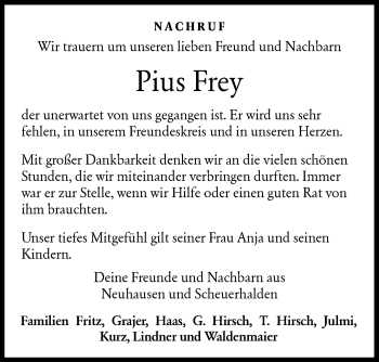 Traueranzeige von Pius Frey von Rundschau Gaildorf