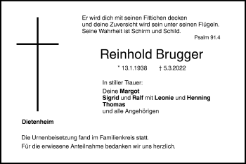 Traueranzeige von Reinhold Brugger von Illertal Bote