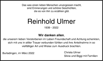 Traueranzeige von Reinhold Ulmer von Metzinger-Uracher Volksblatt