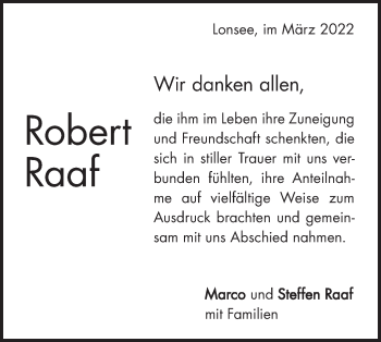 Traueranzeige von Robert Raaf von SÜDWEST PRESSE Ausgabe Ulm/Neu-Ulm