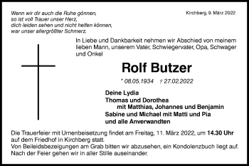 Traueranzeige von Rolf Butzer von Hohenloher Tagblatt