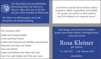 Traueranzeige von Rosa Kleiner von SÜDWEST PRESSE Ausgabe Ulm/Neu-Ulm