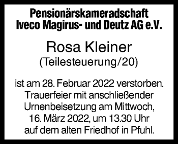 Traueranzeige von Rosa Kleiner von SÜDWEST PRESSE Ausgabe Ulm/Neu-Ulm