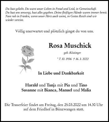 Traueranzeige von Rosa Muschick von NWZ Neue Württembergische Zeitung